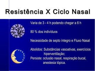 Resistência X Ciclo NasalResistência X Ciclo Nasal
Varia de 3 - 4 h podendo chegar a 6 hVaria de 3 - 4 h podendo chegar a 6 h
80 % dos indivíduos80 % dos indivíduos
Necessidade de septo íntegro e Fluxo NasalNecessidade de septo íntegro e Fluxo Nasal
Abolidos: Substâncias vasoativas, exercíciosAbolidos: Substâncias vasoativas, exercícios
hiperventilação;hiperventilação;
Persiste: oclusão nasal, respiração bucal,Persiste: oclusão nasal, respiração bucal,
anestesia tópica.anestesia tópica.
 