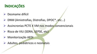 RALLY ADJUSTED VENTILATORY ASSISTINDICAÇÕES
➢ Desmame difícil
➢ DNM (Amiotrofias, Distrofias, DPOC*, etc...)
➢ Assincronias PCTE X VM nos modos convencionais
➢ Risco de VILI (SDRA, SEPSE, etc)
➢ Monitorização AEDi
➢ Adultos, pediátricos e neonatais
 