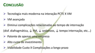 RALLY ADJUSTED VENTILATORY ASSISTCONCLUSÃO
➢ Tecnologia mais moderna na interação PCTE X VM
➢ VM avançada
➢ Diminui complicações relacionadas ao tempo de internação
(disf. diafragmática, ↓ FM, ↓ sedativos, ↓ tempo internação, etc...)
➢ Patente de apenas uma empresa
➢ Alto custo de investimento
➢ Viabilidade Custo X Complicações a longo prazo
 