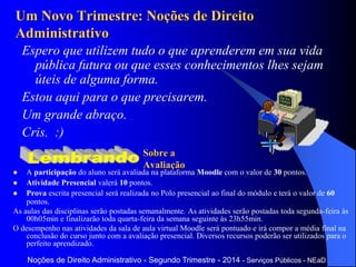 Sobre a
Avaliação
 A participação do aluno será avaliada na plataforma Moodle com o valor de 30 pontos.
 Atividade Presencial valerá 10 pontos.
 Prova escrita presencial será realizada no Polo presencial ao final do módulo e terá o valor de 60
pontos.
As aulas das disciplinas serão postadas semanalmente. As atividades serão postadas toda segunda-feira às
00h05min e finalizarão toda quarta-feira da semana seguinte às 23h55min.
O desempenho nas atividades da sala de aula virtual Moodle será pontuado e irá compor a média final na
conclusão do curso junto com a avaliação presencial. Diversos recursos poderão ser utilizados para o
perfeito aprendizado.
Noções de Direito Administrativo - Segundo Trimestre - 2014 - Serviços Públicos - NEaD
Espero que utilizem tudo o que aprenderem em sua vida
pública futura ou que esses conhecimentos lhes sejam
úteis de alguma forma.
Estou aqui para o que precisarem.
Um grande abraço.
Cris. :)
Um Novo Trimestre: Noções de Direito
Administrativo
 