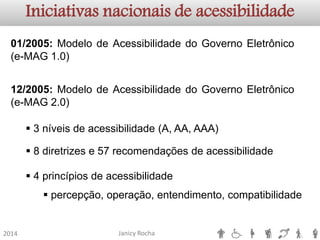 Janicy Rocha2014Iniciativas nacionais de acessibilidade01/2005:ModelodeAcessibilidadedoGovernoEletrônico(e-MAG1.0) 
3níveisdeacessibilidade(A,AA,AAA) 
12/2005:ModelodeAcessibilidadedoGovernoEletrônico(e-MAG2.0) 
8diretrizese57recomendaçõesdeacessibilidade 
4princípiosdeacessibilidade 
percepção,operação,entendimento,compatibilidade  