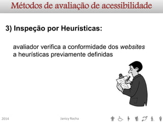 Janicy Rocha2014Métodos de avaliação de acessibilidade3)InspeçãoporHeurísticas: avaliadorverificaaconformidadedoswebsitesaheurísticaspreviamentedefinidas  