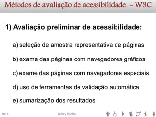 Janicy Rocha2014Métodos de avaliação de acessibilidade -W3C1)Avaliaçãopreliminardeacessibilidade: a)seleçãodeamostrarepresentativadepáginasb)examedaspáginascomnavegadoresgráficosc)examedaspáginascomnavegadoresespeciaisd)usodeferramentasdevalidaçãoautomáticae) sumarização dos resultados  