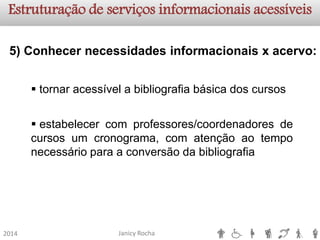 Janicy Rocha2014Estruturação de serviços informacionaisacessíveis5) Conhecer necessidades informacionaisx acervo: 
tornaracessívelabibliografiabásicadoscursos 
estabelecercomprofessores/coordenadoresdecursosumcronograma,comatençãoaotemponecessárioparaaconversãodabibliografia  
