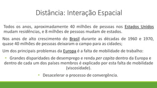 Distância: Interação Espacial
Todos os anos, aproximadamente 40 milhões de pessoas nos Estados Unidos
mudam residências, e 8 milhões de pessoas mudam de estados.
Nos anos de alto crescimento do Brasil durante as décadas de 1960 e 1970,
quase 40 milhões de pessoas deixaram o campo para as cidades;
Um dos principais problemas da Europa é a falta de mobilidade de trabalho:
• Grandes disparidades de desemprego e renda per capita dentro da Europa e
dentro de cada um dos países membros é explicado por esta falta de mobilidade
(viscosidade).
• Desacelerar o processo de convergência.
 