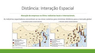 Distância: Interação Espacial
Alocação de empresas na China: indústrias locais e internacionais.
As indústrias exportadoras concentram-se nas áreas costeiras para minimizar distância para o mercado global
 
