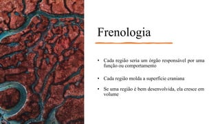 Frenologia
• Cada região seria um órgão responsável por uma
função ou comportamento
• Cada região molda a superfície craniana
• Se uma região é bem desenvolvida, ela cresce em
volume
 
