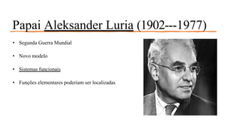 Papai Aleksander Luria (1902--‐1977)
• Segunda Guerra Mundial
• Novo modelo
• Sistemas funcionais
• Funções elementares poderiam ser localizadas
 