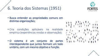 6. Teoria dos Sistemas (1951)
• Busca entender as propriedades comuns em
distintas organizações;
• Cria condições aplicáveis na realidade
empírica (experiências vividas e observação);
• O sistema é um conjunto de partes
interdependente que juntos formam um todo
unitário, com um mesmo objetivo e função.
 