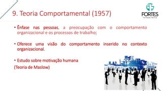 9. Teoria Comportamental (1957)
• Ênfase nas pessoas, a preocupação com o comportamento
organizacional e os processos de trabalho;
• Oferece uma visão do comportamento inserido no contexto
organizacional.
• Estudo sobre motivação humana
(Teoria de Maslow)
 