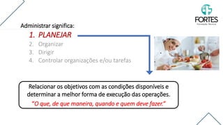 Administrar significa:
1. PLANEJAR
2. Organizar
3. Dirigir
4. Controlar organizações e/ou tarefas
Relacionar os objetivos com as condições disponíveis e
determinar a melhor forma de execução das operações.
“O que, de que maneira, quando e quem deve fazer.”
 