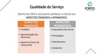 Dentro da UAN é necessário satisfazer o cliente em
ASPECTOS TANGÍVEIS e INTANGÍVEIS.
ASPECTOS
TANGÍVEIS
• Cardápio
• Apresentação dos
alimentos
• Aparência física do
restaurante
ASPECTOS
INTANGÍVEIS
• Expectativa do cliente
• Percepções
• Atendimento
• Ambiente
Qualidade do Serviço
 