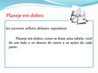Planejeem dobro:
ler, escrever, refletir, debater, reproduzir.
Planeje em dobro, como se fosse uma tabela: você
de um lado e os alunos do outro e as ações de cada
parte.
 
