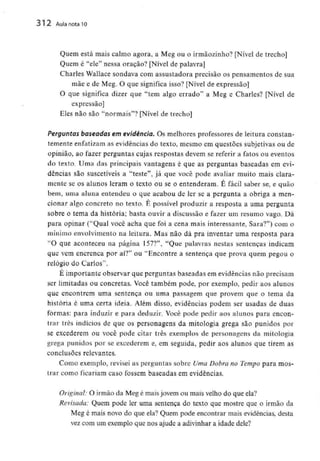 312 Aula nota10
Quem está mais calmo agora, a Meg ou o irmãozinho? [Nível de trecho]
Quem é "ele" nessa oração? [Nível de palavra]
Charles Wallace sondava com assustadora precisão os pensamentos de sua
mãe e de Meg. O que significa isso? [Nível de expressão]
O que significa dizer que "tem algo errado" a Meg e Charles? [Nível de
expressão]
Eles não são "normais"? [Nível de trecho]
Perguntas baseadas em evidência. Os melhores professores de leitura constan-
temente enfatizam as evidências do texto, mesmo em questões subjetívas ou de
opinião, ao fazer perguntas cujas respostas devem se referir a fatos ou eventos
do texto. Uma das principais vantagens é que as perguntas baseadas em evi-
dências são suscetíveis a "teste", já que você pode avaliar muito mais clara-
mente se os alunos leram o texto ou se o entenderam. É fácil saber se, e quão
bem, uma aluna entendeu o que acabou de ler se a pergunta a obriga a men-
cionar algo concreto no texto. É possível produzir a resposta a uma pergunta
sobre o tema da história; basta ouvir a discussão e fazer um resumo vago. Dá
para opinar ("Qual você acha que foi a cena mais interessante,Sara?") com o
mínimo envolvimento na leitura. Mas não dá pra inventar uma resposta para
"O que aconteceu na página 157?", "Que palavras nestas sentenças indicam
que vem encrenca por aí?" ou "Encontre a sentença que prova quem pegou o
relógio do Carlos'1.
É importante observar que perguntas baseadas em evidências não precisam
ser limitadas ou concretas. Você também pode, por exemplo, pedir aos alunos
que encontrem uma sentença ou uma passagem que provem que o tema da
história é uma certa ideia. Além disso, evidências podem ser usadas de duas
formas: para induzir e para deduzir. Você pode pedir aos alunos para encon-
trar três indícios de que os personagens da mitologia grega são punidos por
se excederem ou você pode citar três exemplos de personagens da mitologia
grega punidos por se excederem e, em seguida, pedir aos alunos que tirem as
conclusões relevantes.
Como exemplo, revisei as perguntas sobre Uma Dobra no Tempo para mos-
trar como ficariam caso fossem baseadas em evidências.
Original: O irmão da Meg é maisjovem ou mais velho do que ela?
Revisada: Quem pode ler uma sentença do texto que mostre que o irmão da
Meg é mais novo do que ela? Quem pode encontrar mais evidências,desta
vez com um exemplo que nos ajude a adivinhar a idade dele?
 
