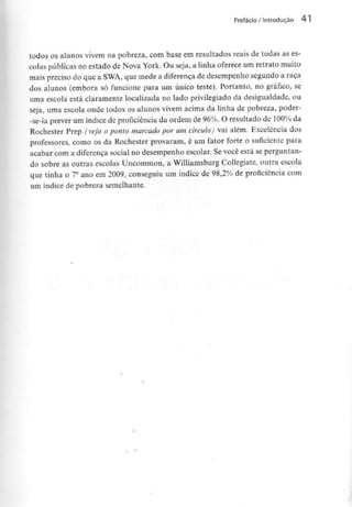 Prefácio / Introdução 41
todos os alunos vivem na pobreza, com base em resultados reais de todas as es-
colas públicasno estado de Nova York. Ou seja, a linha oferece um retrato muito
mais preciso do que a SWA, que mede a diferença de desempenho segundo a raça
dos alunos (embora só funcione para um único teste). Portanto, no gráfico, se
uma escola está claramente localizada no lado privilegiado da desigualdade, ou
seja, uma escola onde todos os alunos vivem acima da linha de pobreza, poder-
-se-ia prever um índice de proficiência da ordem de 96%. O resultado de 100% da
Rochester Prep (veja o ponto marcado por um círculo) vai além. Excelência dos
professores, como os da Rochester provaram, é um fator forte o suficiente para
acabar com a diferença social no desempenho escolar. Se você está seperguntan-
do sobre as outras escolas Uncommon, a Williamsburg Collegiate, outra escola
que tinha o 7° ano em 2009, conseguiu um índice de 98,2% de proficiência com
um índice de pobreza semelhante.
 