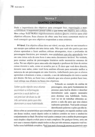 78 Aula nota10
QUATRO CRITÉRIOS
Dada a importância dos objetivos para conseguir foco, organização e men-
surabilidade, é importante pensar sobré~o que torna um objetivo útil e eficaz.
Meu colega Todd McKee engenhosamente alinhou Quatro critérios para criar
objetivos eficazes. Suas chances de obter uma boa meta aumentam muito se
você conseguir que seus objetivos respondam a estes critérios:
> Viável. Um objetivo eficaz deve ser viável, ou seja, deve ter um tamanho e
um escopo que caibam em uma única aula. Não que você não queira que seus
alunos aprendam a fazer análises críticas abrangentes, ricas e profundas de
personagens literários, por exemplo, mas estabelecer que eles aprenderão isso
em uma única aula de uma hora é uma meta claramente inviável. Na verdade,
para ensinar análise de personagens literários serão necessárias semanas de
aulas. Ter um objetivo para uma aula não impede o professor de falar de outras
coisas durante a aula, como se acredita por aí. É claro que você deve discutir,
durante suas aulas, como você faria análises eficazes para entender melhor a
natureza de um personagem em uma história, trabalhando para que os alunos
aprendam e dominem o tema, o enredo, o uso de informações do texto e assim
por diante. De fato, ao fazer isso, e sabendo que seus alunos podem fazer isso,
você reforça sua eficácia na busca dos objetivos.
Voltando ao exemplo da análise de
Saber quão rápido seus alunos
assimilam a informação
permite a você definir se
vai precisar de duas ou de
três semanas para que eles
dominem a nova habilidade.
personagens, uma parte fundamental do
processo para fazê-la direito é desenhar
mentalmente cada aspecto necessário
para dominar essa habilidade. Assim,
você vai ter de trabalhar diferentes as-
pectos a cada dia para que seus alunos
realmente aprendam. Vocêpode começar
identificando palavras e açoes que dão in-
dícios sobre as características que compõem o personagem, em seguida analisar cada
um desses trechos, reunir depois todos os indícios contidos no texto e analisá-los
conjuntamente no final. Ou talvez você queira começar com a análise de personagens
mais simples e depois evoluir para os mais complexos. De qualquer forma, seria um
erro usar o mesmo objetivo amplo todos os dias por três semanas, enquanto você tra-
balha nessa habilidade complexa. Você tem mais chancesjje^sucesso^se-construir uma
 