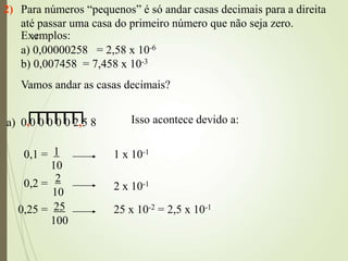 13
2) Para números “pequenos” é só andar casas decimais para a direita
até passar uma casa do primeiro número que não seja zero.
a) 0,00000258 = 2,58 x 10-6
b) 0,007458 = 7,458 x 10-3
Exemplos:
Isso acontece devido a:
0 0 0 0 0 0 2 5 8
⊓
⊓
⊓
⊓
Vamos andar as casas decimais?
⊓
,
⊓
,
0,1 = 1
10
0,2 = 2
10
0,25 = 25
100
1 x 10-1
2 x 10-1
25 x 10-2 = 2,5 x 10-1
a)
 