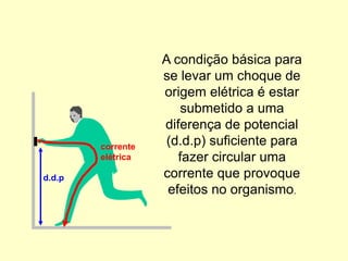 d.d.p
corrente
elétrica
A condição básica para
se levar um choque de
origem elétrica é estar
submetido a uma
diferença de potencial
(d.d.p) suficiente para
fazer circular uma
corrente que provoque
efeitos no organismo.
 