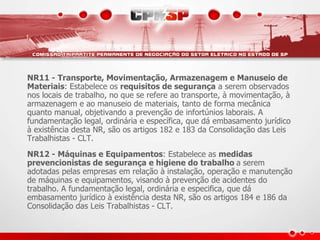 NR11 - Transporte, Movimentação, Armazenagem e Manuseio de 
Materiais: Estabelece os requisitos de segurança a serem observados 
nos locais de trabalho, no que se refere ao transporte, à movimentação, à 
armazenagem e ao manuseio de materiais, tanto de forma mecânica 
quanto manual, objetivando a prevenção de infortúnios laborais. A 
fundamentação legal, ordinária e específica, que dá embasamento jurídico 
à existência desta NR, são os artigos 182 e 183 da Consolidação das Leis 
Trabalhistas - CLT. 
NR12 - Máquinas e Equipamentos: Estabelece as medidas 
prevencionistas de segurança e higiene do trabalho a serem 
adotadas pelas empresas em relação à instalação, operação e manutenção 
de máquinas e equipamentos, visando à prevenção de acidentes do 
trabalho. A fundamentação legal, ordinária e especifica, que dá 
embasamento jurídico à existência desta NR, são os artigos 184 e 186 da 
Consolidação das Leis Trabalhistas - CLT. 
 