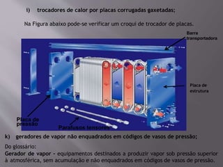 i) trocadores de calor por placas corrugadas gaxetadas;
Na Figura abaixo pode-se verificar um croqui de trocador de placas.
Placa de
estrutura
Barra
transportadora
Parafusos tensores
Placa de
pressão
k) geradores de vapor não enquadrados em códigos de vasos de pressão;
Do glossário:
Gerador de vapor – equipamentos destinados a produzir vapor sob pressão superior
à atmosférica, sem acumulação e não enquadrados em códigos de vasos de pressão.
 