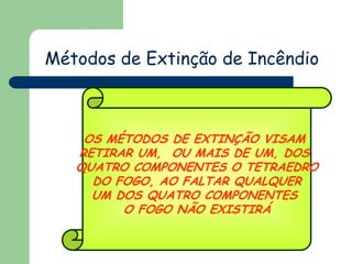 OS MÉTODOS DE EXTINÇÃO VISAM
RETIRAR UM, OU MAIS DE UM, DOS
QUATRO COMPONENTES O TETRAEDRO
DO FOGO, AO FALTAR QUALQUER
UM DOS QUATRO COMPONENTES
O FOGO NÃO EXISTIRÁ
Métodos de Extinção de Incêndio
 