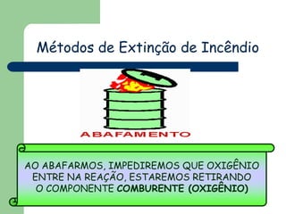 AO ABAFARMOS, IMPEDIREMOS QUE OXIGÊNIO
ENTRE NA REAÇÃO, ESTAREMOS RETIRANDO
O COMPONENTE COMBURENTE (OXIGÊNIO)
Métodos de Extinção de Incêndio
 