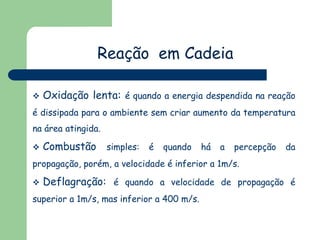 Reação em Cadeia


Oxidação lenta: é quando a energia despendida na reação

é dissipada para o ambiente sem criar aumento da temperatura
na área atingida.


Combustão simples: é quando há a percepção da

propagação, porém, a velocidade é inferior a 1m/s.


Deflagração: é quando a velocidade de propagação é

superior a 1m/s, mas inferior a 400 m/s.

 