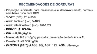 • Proporção suficiente para crescimento e desenvolvimento normais
com baixo risco para DCV
• % VET (DRI): 25 a 35%
• Ácido linoleico (-6) 5-10%
• Ácido alfa-linolênico (-3): 0,6-1,2%
• INDIVIDUALIZADA
• DRI → 0,76 g/kg/dia
• Mínimo de 0,5 a 1,0g/kg peso/dia: prevenção de deficiência AL
• Colesterol: até 300mg/dia.
• FAO/OMS (2010)→ AGS: 8%; AGP: 11%; AGM: diferença
RECOMENDAÇÕES DE GORDURAS
 