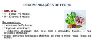 • IOM, 2002:
• 4 – 8 anos: 10 mg/dia
• 9 – 13 anos: 8 mg/dia
Recomenda-se:
• ↑ consumo de Fe heme ;
• ↑ ingestão vitamina C;
• ↓ inibidores absorção: chá, café, leite e derivados, fitatos... – nas
refeições principais;
• Incluir alimentos fortificados (farinhas de trigo e milho, fubá, flocos de
milho).
RECOMENDAÇÕES DE FERRO
 