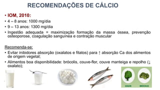 RECOMENDAÇÕES DE CÁLCIO
• IOM, 2010:
• 4 – 8 anos: 1000 mg/dia
• 9 – 13 anos: 1300 mg/dia
• Ingestão adequada = maximização formação da massa óssea, prevenção
osteoporose, coagulação sanguínea e contração muscular
Recomenda-se:
• Evitar inibidores absorção (oxalatos e fitatos) para ↑ absorção Ca dos alimentos
de origem vegetal;
• Alimentos boa disponibilidade: brócolis, couve-flor, couve manteiga e repolho (↓
oxalato);
 