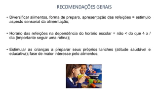RECOMENDAÇÕES GERAIS
• Diversificar alimentos, forma de preparo, apresentação das refeições = estímulo
aspecto sensorial da alimentação;
• Horário das refeições na dependência do horário escolar = não < do que 4 x /
dia (importante seguir uma rotina);
• Estimular as crianças a preparar seus próprios lanches (atitude saudável e
educativa); fase de maior interesse pelo alimentos;
 