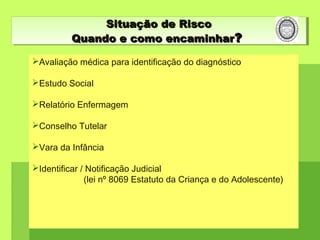 Avaliação médica para identificação do diagnóstico
Estudo Social
Relatório Enfermagem
Conselho Tutelar
Vara da Infância
Identificar / Notificação Judicial
(lei nº 8069 Estatuto da Criança e do Adolescente)
Situação de RiscoSituação de Risco
Quando e como encaminharQuando e como encaminhar??
Situação de RiscoSituação de Risco
Quando e como encaminharQuando e como encaminhar??
 