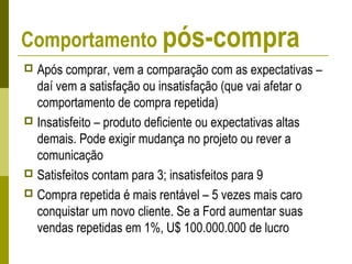 Comportamento pós-compra
 Após comprar, vem a comparação com as expectativas –
daí vem a satisfação ou insatisfação (que vai afetar o
comportamento de compra repetida)
 Insatisfeito – produto deficiente ou expectativas altas
demais. Pode exigir mudança no projeto ou rever a
comunicação
 Satisfeitos contam para 3; insatisfeitos para 9
 Compra repetida é mais rentável – 5 vezes mais caro
conquistar um novo cliente. Se a Ford aumentar suas
vendas repetidas em 1%, U$ 100.000.000 de lucro
 