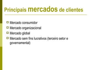 Principais mercados de clientes
 Mercado consumidor
 Mercado organizacional
 Mercado global
 Mercado sem fins lucrativos (terceiro setor e
governamental)
 