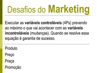 Desafios do Marketing
Executar as variáveis controláveis (4Ps) prevendo
ao máximo o que vai acontecer com as variáveis
incontroláveis (mudanças). Quando se resolve essa
equação é garantia de sucesso.
Produto
Preço
Praça
Promoção
 