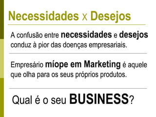 Necessidades X Desejos
A confusão entre necessidades e desejos
conduz à pior das doenças empresariais.
Empresário míope em Marketing é aquele
que olha para os seus próprios produtos.
Qual é o seu BUSINESS?
 