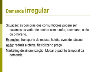 Demanda irregular
Situação: as compras dos consumidores podem ser
sazonais ou variar de acordo com o mês, a semana, o dia
ou o horário.
Exemplos: transporte de massa, hotéis, ovos de páscoa
Ação: reduzir a oferta, flexibilizar o preço
Marketing de sincronização: Mudar o padrão temporal da
demanda.
 