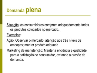 Demanda plena
Situação: os consumidores compram adequadamente todos
os produtos colocados no mercado.
Exemplos:
Ação: Observar o mercado; atenção aos três níveis de
ameaças; manter produto adquado
Marketing de manutenção: Manter a eficiência e qualidade
para a satisfação do consumidor, evitando a erosão da
demanda.
 
