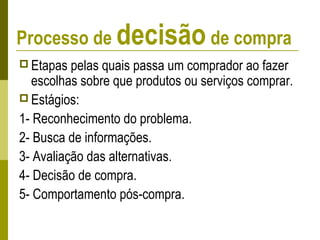 Processo de decisão de compra
 Etapas pelas quais passa um comprador ao fazer
escolhas sobre que produtos ou serviços comprar.
 Estágios:
1- Reconhecimento do problema.
2- Busca de informações.
3- Avaliação das alternativas.
4- Decisão de compra.
5- Comportamento pós-compra.
 