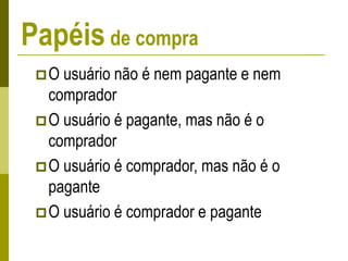 Papéis de compra
O usuário não é nem pagante e nem
comprador
O usuário é pagante, mas não é o
comprador
O usuário é comprador, mas não é o
pagante
O usuário é comprador e pagante
 