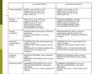 Consumidor individual Consumidor organizacional
Variáveis geográficas REGIÃO: norte, nordeste, sul, leste...
CLIMA: quente, frio, úmido, seco
CIDADE: pequena, média, grande
ZONA: urbana, rural
REGIÃO: norte, nordeste, sul, leste...
CLIMA: quente, frio, úmido, seco
CIDADE: pequena, média, grande
ZONA: urbana, rural
Variáveis
demográficas
IDADE: Até 10, 11-15, 15-25, mais...
TAMANHO DA FAMÍLIA: 1-2, 2-5...
RENDA: menos de 1 mínimo...
SEXO: feminino, masculino...
NACIONALIDADE: brasileira...
ESCOLARIDADE: ensino médio...
TEMPO DE EXISTÊNCIA: 1º geração...
NÚMERO DE EMPREGADOS: <200...
SETOR: mecânico, construção civil...
TIPO DE ADMINISTRAÇÃO: familiar...
NACIONALIDADE DO EXECUTIVO:...
Variáveis
psicográficas
PERSONALIDADE: agressividade, autoritarismo,
dependência...
ESTILO DE VIDA: esportivo, consumista,
trabalhador...
PERSONALIDADE DO LÍDER: autoritarismo,
agressividade, propensão a aceitar riscos...
ESTILO DE GESTÃO: participativa, centralizadora,
humanista...
Variáveis de
comportamento de
compra
FREQÜÊNCIA DE USO: usuário freqüente, não-
usuário, ex-usuário...
ORDEM DE USO: primeiros usuários, usuários
tardios...
SENSIBILIDADE A FATORES DE MARKETING:
sensível a preço, promoções, cupons,
propaganda...
FREQÜÊNCIA DE USO: usuário freqüente, não-
usuário, ex-usuário...
ORDEM DE USO: primeiros usuários, usuários
tardios...
SENSIBILIDADE A FATORES DE MARKETING:
sensível a preço, tecnologia, serviços, pós-venda...
Varáveis de
benefícios
BENEFÍCIOS RACIONAIS: custo, conveniência,
rapidez...
BENEFÍCIOS PSICOLÓGICOS: status, prestígio,
segurança...
BENEFÍCIOS RACIONAIS: eficiência, eficácia...
BENEFÍCIOS PSICOLÓGICOS: status, prestígio,
segurança...
Variáveis do produto EXPERIÊNCIA COM PRODUTO: sim ou não
GRAU DE CUSTOMIZAÇÃO: customizados,
padronizados
GRAU DE USO: novos ou usados, originais ou de
reposição
EXPERIÊNCIA COM PRODUTO: sim ou não
GRAU DE CUSTOMIZAÇÃO: customizados,
padronizados
GRAU DE USO: novos ou usados, originais ou de
reposição
 