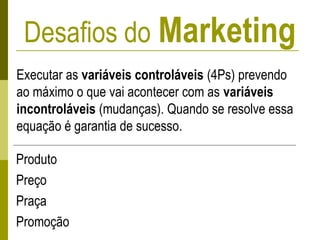 Desafios do Marketing
Executar as variáveis controláveis (4Ps) prevendo
ao máximo o que vai acontecer com as variáveis
incontroláveis (mudanças). Quando se resolve essa
equação é garantia de sucesso.
Produto
Preço
Praça
Promoção
 