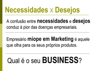 Necessidades X Desejos
A confusão entre necessidades e desejos
conduz à pior das doenças empresariais.
Empresário míope em Marketing é aquele
que olha para os seus próprios produtos.
Qual é o seu BUSINESS?
 