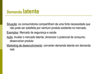 Demanda latente
Situação: os consumidores compartilham de uma forte necessidade que
não pode ser satisfeita por nenhum produto existente no mercado.
Exemplos: Mercado de segurança e saúde
Ação: Avaliar o mercado latente; dimensior o potencial de consumo;
desenvolver produto
Marketing de desenvolvimento: converter demanda latente em demanda
real.
 