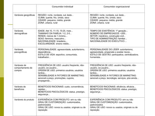 Consumidor individual Consumidor organizacional
Variáveis geográficas REGIÃO: norte, nordeste, sul, leste...
CLIMA: quente, frio, úmido, seco
CIDADE: pequena, média, grande
ZONA: urbana, rural
REGIÃO: norte, nordeste, sul, leste...
CLIMA: quente, frio, úmido, seco
CIDADE: pequena, média, grande
ZONA: urbana, rural
Variáveis
demográficas
IDADE: Até 10, 11-15, 15-25, mais...
TAMANHO DA FAMÍLIA: 1-2, 2-5...
RENDA: menos de 1 mínimo...
SEXO: feminino, masculino...
NACIONALIDADE: brasileira...
ESCOLARIDADE: ensino médio...
TEMPO DE EXISTÊNCIA: 1º geração...
NÚMERO DE EMPREGADOS: <200...
SETOR: mecânico, construção civil...
TIPO DE ADMINISTRAÇÃO: familiar...
NACIONALIDADE DO EXECUTIVO:...
Variáveis
psicográficas
PERSONALIDADE: agressividade, autoritarismo,
dependência...
ESTILO DE VIDA: esportivo, consumista,
trabalhador...
PERSONALIDADE DO LÍDER: autoritarismo,
agressividade, propensão a aceitar riscos...
ESTILO DE GESTÃO: participativa, centralizadora,
humanista...
Variáveis de
comportamento de
compra
FREQÜÊNCIA DE USO: usuário freqüente, não-
usuário, ex-usuário...
ORDEM DE USO: primeiros usuários, usuários
tardios...
SENSIBILIDADE A FATORES DE MARKETING:
sensível a preço, promoções, cupons,
propaganda...
FREQÜÊNCIA DE USO: usuário freqüente, não-
usuário, ex-usuário...
ORDEM DE USO: primeiros usuários, usuários
tardios...
SENSIBILIDADE A FATORES DE MARKETING:
sensível a preço, tecnologia, serviços, pós-venda...
Varáveis de
benefícios
BENEFÍCIOS RACIONAIS: custo, conveniência,
rapidez...
BENEFÍCIOS PSICOLÓGICOS: status, prestígio,
segurança...
BENEFÍCIOS RACIONAIS: eficiência, eficácia...
BENEFÍCIOS PSICOLÓGICOS: status, prestígio,
segurança...
Variáveis do produto EXPERIÊNCIA COM PRODUTO: sim ou não
GRAU DE CUSTOMIZAÇÃO: customizados,
padronizados
GRAU DE USO: novos ou usados, originais ou de
reposição
EXPERIÊNCIA COM PRODUTO: sim ou não
GRAU DE CUSTOMIZAÇÃO: customizados,
padronizados
GRAU DE USO: novos ou usados, originais ou de
reposição
 