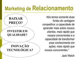 BAIXAR
PREÇO?
INOVAÇÃO
TECNOLÓGICA?
INVESTIR EM
QUALIDADE?
Nós temos somente duas
fontes de vantagem
competitiva: a capacidade de
aprender mais sobre nossos
clientes, mais rápido que
nossos concorrentes e a
capacidade de transformar
esse conhecimento em
ações, mais rápido que
nossos concorrentes.”
Jack Welch
Marketing de Relacionamento
 