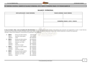 Prof. Onei FERNANDO SAVIOLI CONTABILIDADE AVANÇADA
O curso permanente que mais aprova
9
09. ESTRUTURA CONCEITUAL. ELEMENTOS DO BALANÇO PATRIMONIAL: ATIVO, PASSIVO E PATRIMÔNIO LÍQUIDO. CPC PRONUNCIAMENTO 00
BALANÇO PATRIMONIAL
ATIVO (APLICAÇÃO = SALDO DEVEDOR) PASSIVO (ORIGEM = SALDO CREDOR)
PATRIMÔNIO LÍQUIDO = ATIVO – PASSIVO.
01. [Ex. Suf. (Bach. Ciênc. Cont.) 2ª Ed.2012-CFC-FBC/2012].(05) Uma sociedade empresária adquiriu mercadorias para revenda com pagamento à vista. O valor total da
Nota Fiscal do fornecedor foi de R$ 105.000,00. Neste valor, estão incluídos R$ 5.000,00 referentes a frete e R$ 12.000,00 referentes a impostos recuperáveis.
Assinale a opção que apresenta o lançamento da operação a ser realizado.
a) DÉBITO Estoque de Mercadorias R$ 93.000,00
DÉBITO Impostos a Recuperar R$ 12.000,00
CRÉDITO Caixa R$ 105.000,00
b) DÉBITO Estoque de Mercadorias R$ 100.000,00
DÉBITO Impostos a Recuperar R$ 12.000,00
DÉBITO Despesa com Frete R$ 5.000,00
CRÉDITO Caixa R$ 105.000,00
CRÉDITO Impostos a pagar R$ 12.000,00
c) DÉBITO Estoque de Mercadorias R$ 105.000,00
CRÉDITO Caixa R$ 93.000,00
CRÉDITO Impostos a pagar R$ 12.000,00
d) DÉBITO Estoque de Mercadorias R$ 88.000,00
DÉBITO Impostos a Recuperar R$ 12.000,00
DÉBITO Despesa com Frete R$ 5.000,00
CRÉDITO Caixa R$ 105.000,00
 