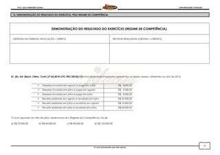 Prof. Onei FERNANDO SAVIOLI CONTABILIDADE AVANÇADA
O curso permanente que mais aprova
13
13. DEMONSTRAÇÃO DO RESULTADO DO EXERCÍCIO, PELO REGIME DE COMPETÊNCIA.
DEMONSTRAÇÃO DO RESULTADO DO EXERCÍCIO (REGIME DE COMPETÊNCIA).
DESPESAS INCORRIDAS (APLICAÇÃO = DÉBITO) RECEITAS REALIZADAS (ORIGEM = CRÉDITO)
01. [Ex. Suf. (Bach. Ciênc. Cont.) 2ª Ed.2014-CFC-FBC/2014].(12) Uma Sociedade Empresária apresentou os dados abaixo, referentes ao ano de 2014:
 Despesa incorrida em agosto e paga em julho R$ 4.000,00
 Despesa incorrida em julho e paga em agosto R$ 2.000,00
 Despesa incorrida em julho e paga em julho R$ 8.000,00
 Receita realizada em agosto e recebida em julho R$ 32.000,00
 Receita realizada em julho e recebida em agosto R$ 16.000,00
 Receita realizada em julho e recebida em julho R$ 64.000,00
O lucro apurado do mês de julho, observando-se o Regime de Competência, foi de:
a) R$ 70.000,00 b) R$ 84.000,00 c) R$ 98.000,00 d) R$ 102.000,00
 