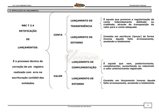 Prof. Onei FERNANDO SAVIOLI CONTABILIDADE AVANÇADA
O curso permanente que mais aprova
14
14. RETIFICAÇÃO DE LANÇAMENTOS.
NBC T 2.4
RETIFICAÇÃO
DE
LANÇAMENTOS:
É o processo técnico de
correção de um registro
realizado com erro na
escrituração contábil das
entidades
CONTA
VALOR
LANÇAMENTO DE
COMPLEMENTAÇÃO
LANÇAMENTO DE
ESTORNO
LANÇAMENTO DE
TRANSFERÊNCIA
LANÇAMENTO DE
ESTORNO
É aquele que vem, posteriormente,
complementar, aumentando ou reduzindo
o valor anteriormente registrado
É aquele que promove a regularização de
conta indevidamente debitada ou
creditada, através da transposição do
valor para a conta adequada
Consiste em lançamento inverso àquele
feito erroneamente, anulando-o totalmente
Consiste em escriturar (lançar) de forma
inversa àquele feito erroneamente,
anulando-o totalmente
 