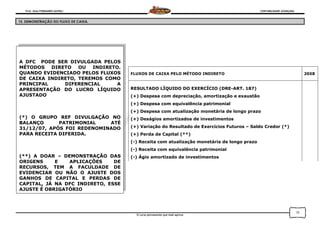 Prof. Onei FERNANDO SAVIOLI CONTABILIDADE AVANÇADA
O curso permanente que mais aprova
15
15. DEMONSTRAÇÃO DO FLUXO DE CAIXA.
A DFC PODE SER DIVULGADA PELOS
MÉTODOS DIRETO OU INDIRETO.
QUANDO EVIDENCIADO PELOS FLUXOS
DE CAIXA INDIRETO, TEREMOS COMO
PRINCIPAL DIFERENCIAL A
APRESENTAÇÃO DO LUCRO LÍQUIDO
AJUSTADO
(*) O GRUPO REF DIVULGAÇÃO NO
BALANÇO PATRIMONIAL ATÉ
31/12/07, APÓS FOI REDENOMINADO
PARA RECEITA DIFERIDA.
(**) A DOAR – DEMONSTRAÇÃO DAS
ORIGENS E APLICAÇÕES DE
RECURSOS, TEM A FACULDADE DE
EVIDENCIAR OU NÃO O AJUSTE DOS
GANHOS DE CAPITAL E PERDAS DE
CAPITAL, JÁ NA DFC INDIRETO, ESSE
AJUSTE É OBRIGATÓRIO
FLUXOS DE CAIXA PELO MÉTODO INDIRETO 20X8
RESULTADO LÍQUIDO DO EXERCÍCIO (DRE-ART. 187)
(+) Despesa com depreciação, amortização e exaustão
(+) Despesa com equivalência patrimonial
(+) Despesa com atualização monetária de longo prazo
(+) Deságios amortizados de investimentos
(+) Variação do Resultado de Exercícios Futuros – Saldo Credor (*)
(+) Perda de Capital (**)
(-) Receita com atualização monetária de longo prazo
(-) Receita com equivalência patrimonial
(-) Ágio amortizado de investimentos
(-) Ganho de capital (**)
= RESULTADO LÍQUIDO AJUSTADO (+/-) =(RESULTADO FINANCEIRO)
 